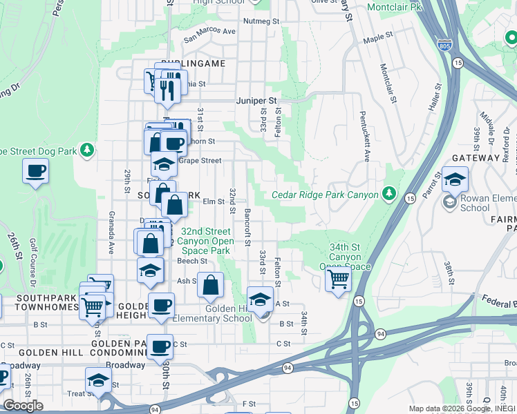 map of restaurants, bars, coffee shops, grocery stores, and more near 1738 33rd Street in San Diego