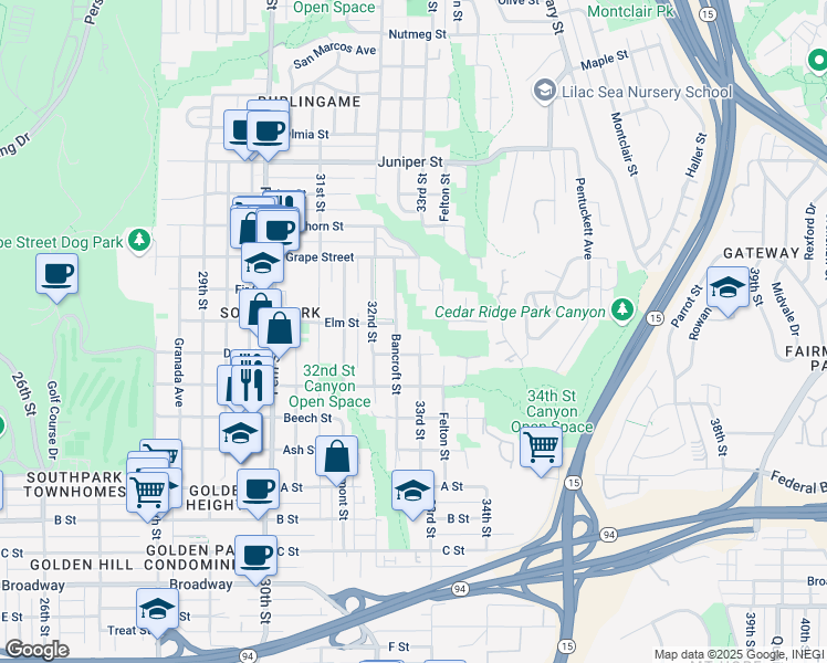 map of restaurants, bars, coffee shops, grocery stores, and more near 1738 Bancroft Street in San Diego