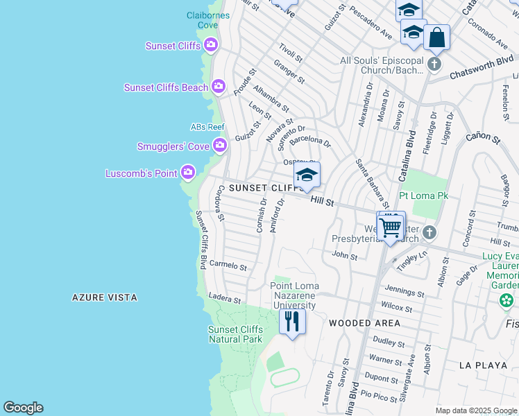 map of restaurants, bars, coffee shops, grocery stores, and more near 936 Cornish Drive in San Diego