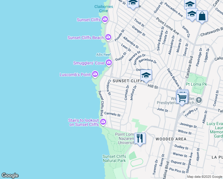 map of restaurants, bars, coffee shops, grocery stores, and more near 4460 Monaco Street in San Diego