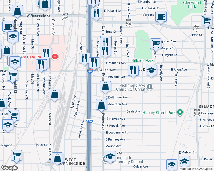 map of restaurants, bars, coffee shops, grocery stores, and more near in Fort Worth