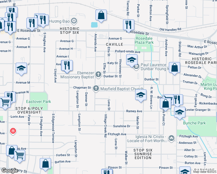 map of restaurants, bars, coffee shops, grocery stores, and more near 4918 Elgin Street in Fort Worth