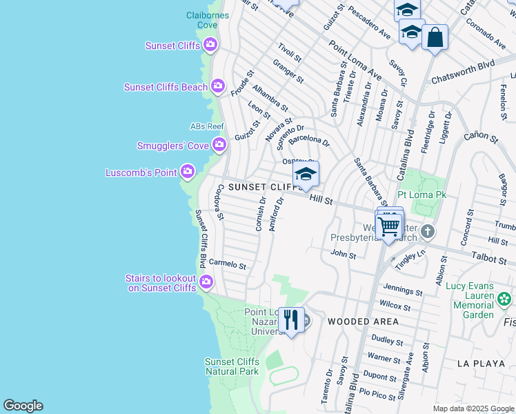 map of restaurants, bars, coffee shops, grocery stores, and more near 936 Cornish Drive in San Diego