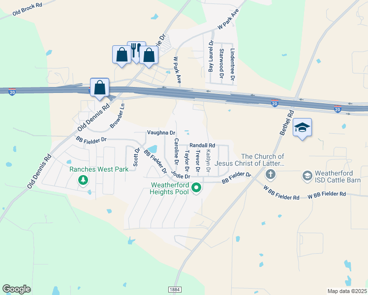 map of restaurants, bars, coffee shops, grocery stores, and more near 2202 Taylor Drive in Weatherford