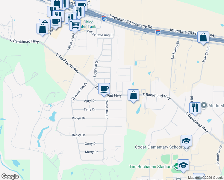 map of restaurants, bars, coffee shops, grocery stores, and more near 422 Spyglass Drive in Willow Park