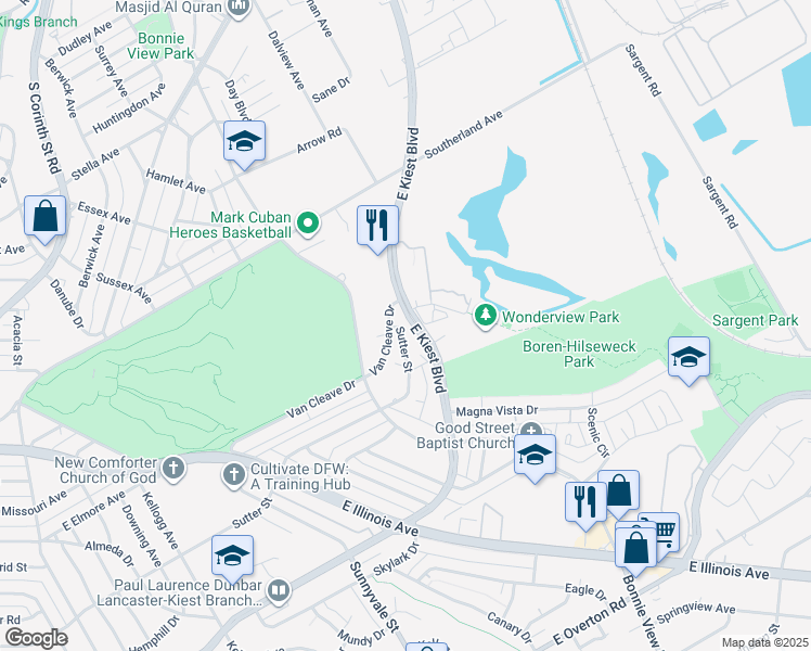 map of restaurants, bars, coffee shops, grocery stores, and more near 2312 Van Cleave Drive in Dallas