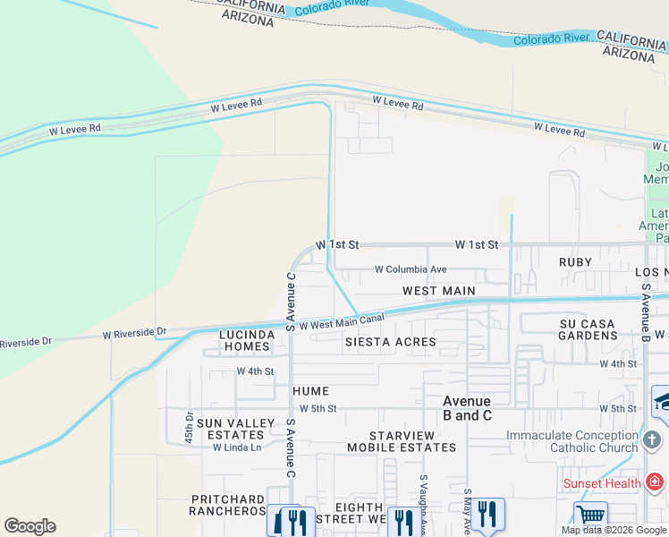 map of restaurants, bars, coffee shops, grocery stores, and more near 3499 W Columbia Ave in Yuma