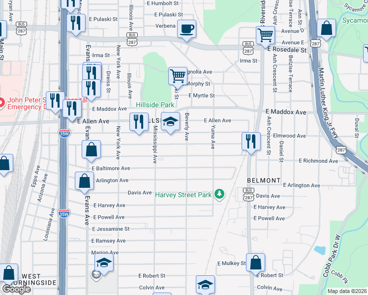 map of restaurants, bars, coffee shops, grocery stores, and more near 1254 East Jefferson Avenue in Fort Worth