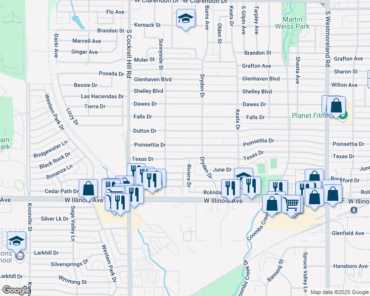 map of restaurants, bars, coffee shops, grocery stores, and more near 4036 Poinsettia Drive in Dallas