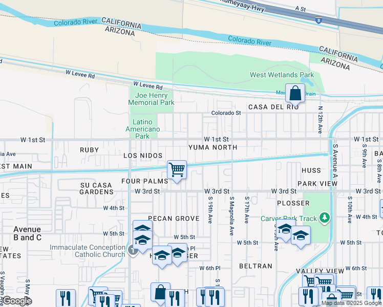 map of restaurants, bars, coffee shops, grocery stores, and more near 151 South 21st Avenue in Yuma
