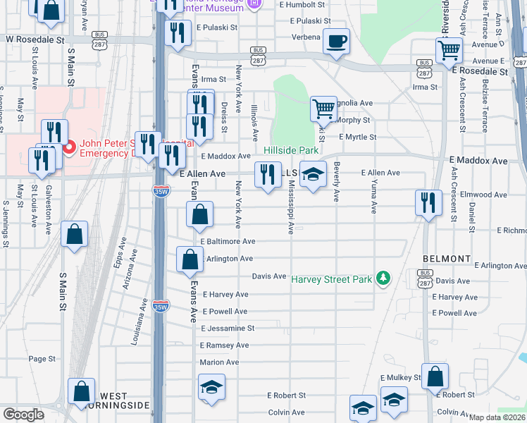 map of restaurants, bars, coffee shops, grocery stores, and more near 1030 East Jefferson Avenue in Fort Worth