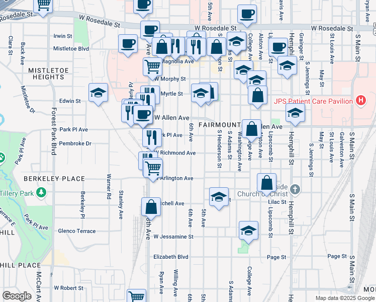map of restaurants, bars, coffee shops, grocery stores, and more near 1830 6th Avenue in Fort Worth