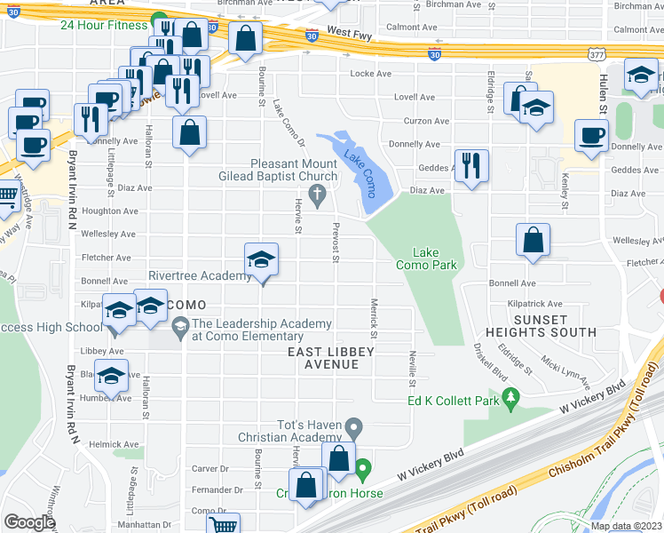 map of restaurants, bars, coffee shops, grocery stores, and more near 5301 Fletcher Avenue in Fort Worth