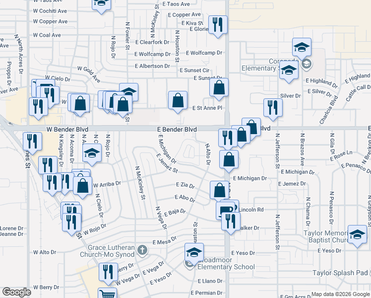 map of restaurants, bars, coffee shops, grocery stores, and more near 4E Broadmoor Park in Hobbs