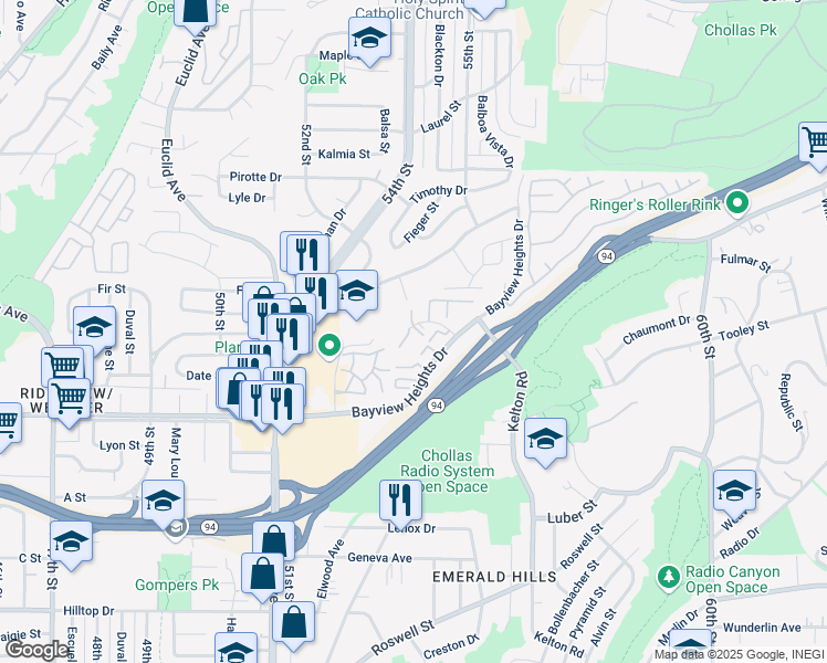 map of restaurants, bars, coffee shops, grocery stores, and more near 5405 Bayview Heights Place in San Diego