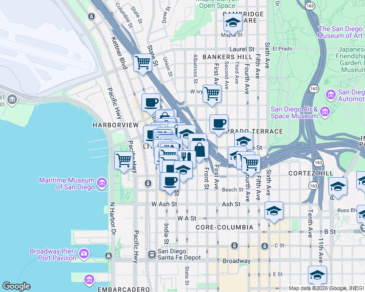 map of restaurants, bars, coffee shops, grocery stores, and more near 1789 State Street in San Diego