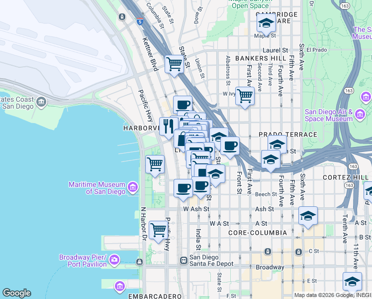 map of restaurants, bars, coffee shops, grocery stores, and more near 1774 Kettner Boulevard in San Diego