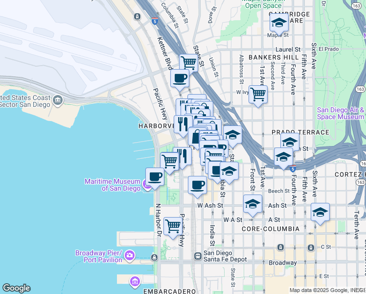 map of restaurants, bars, coffee shops, grocery stores, and more near 1905 Pacific Highway in San Diego