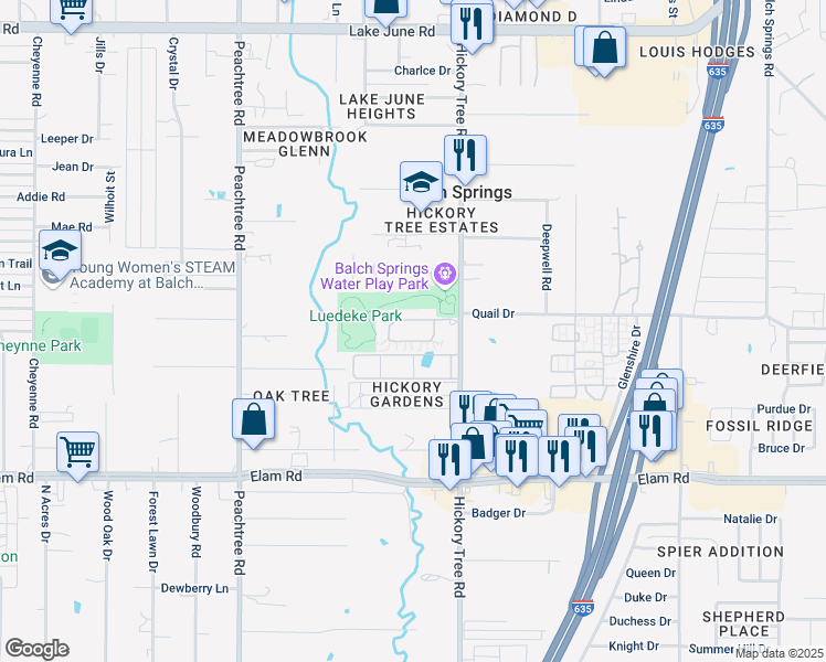 map of restaurants, bars, coffee shops, grocery stores, and more near Unnamed Road in Balch Springs