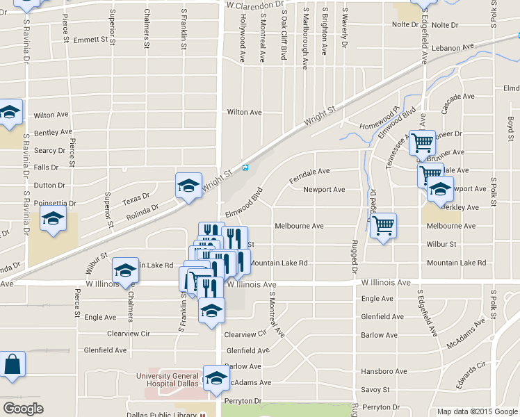 map of restaurants, bars, coffee shops, grocery stores, and more near 2218 Elmwood Boulevard in Dallas