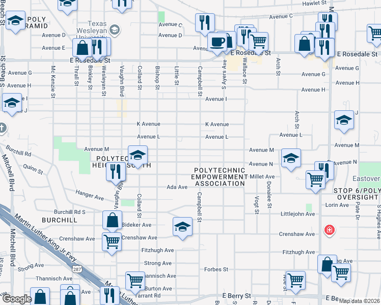 map of restaurants, bars, coffee shops, grocery stores, and more near 3532 Avenue M in Fort Worth