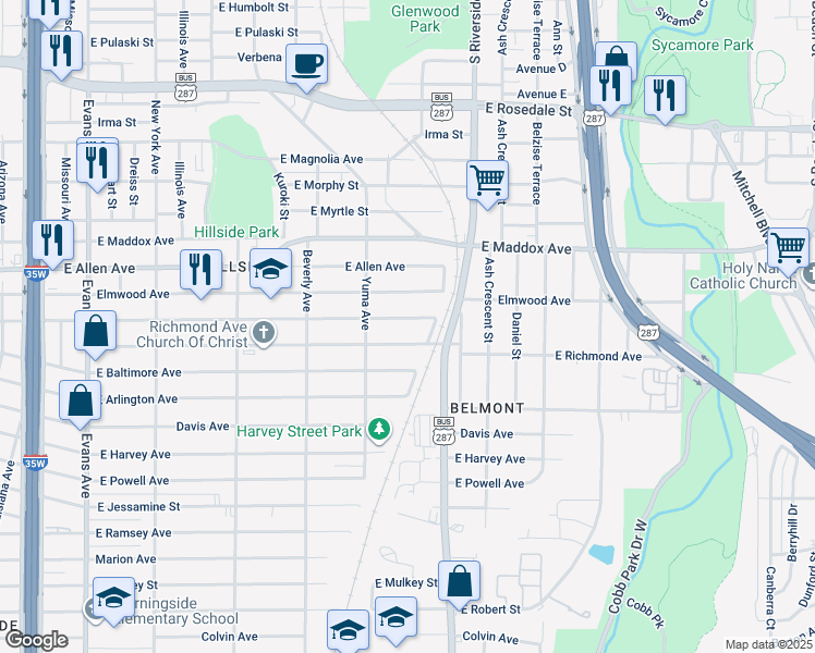 map of restaurants, bars, coffee shops, grocery stores, and more near 1417 East Richmond Avenue in Fort Worth