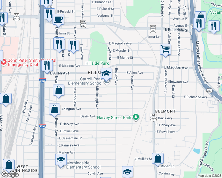 map of restaurants, bars, coffee shops, grocery stores, and more near 1229 East Richmond Avenue in Fort Worth