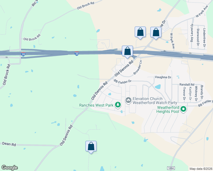 map of restaurants, bars, coffee shops, grocery stores, and more near 2215 Old Dennis Road in Weatherford