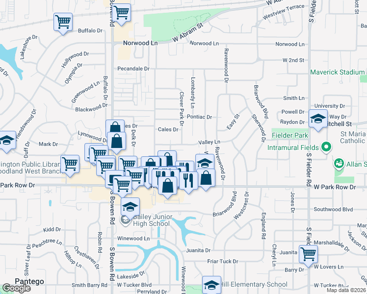 map of restaurants, bars, coffee shops, grocery stores, and more near 2203 Hunter View Court in Arlington