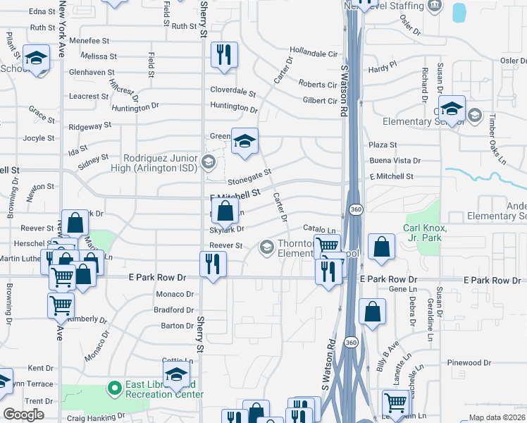 map of restaurants, bars, coffee shops, grocery stores, and more near 2311 Skylark Drive in Arlington
