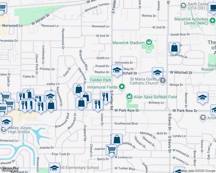 map of restaurants, bars, coffee shops, grocery stores, and more near 1220 South Fielder Road in Arlington