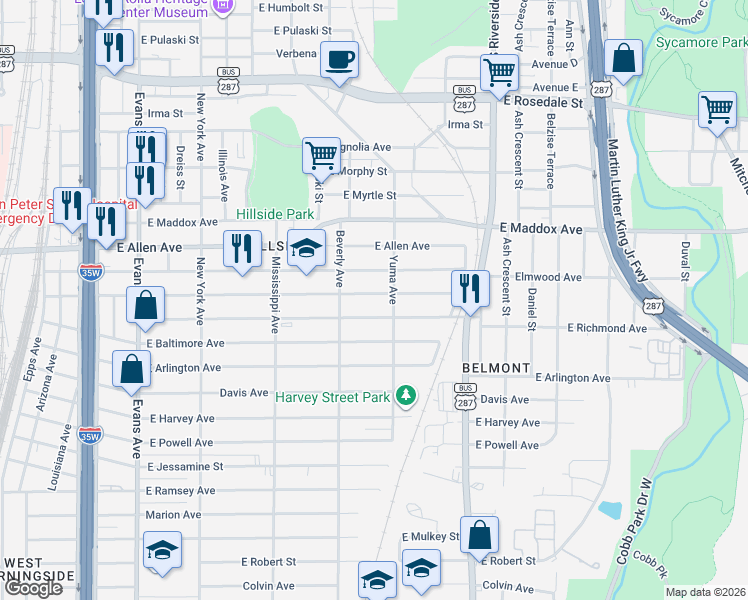 map of restaurants, bars, coffee shops, grocery stores, and more near 1345 East Richmond Avenue in Fort Worth