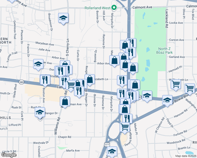 map of restaurants, bars, coffee shops, grocery stores, and more near 3301 Bonnie Drive in Fort Worth