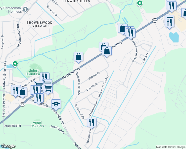 map of restaurants, bars, coffee shops, grocery stores, and more near 3444 Hobson Drive in Johns Island