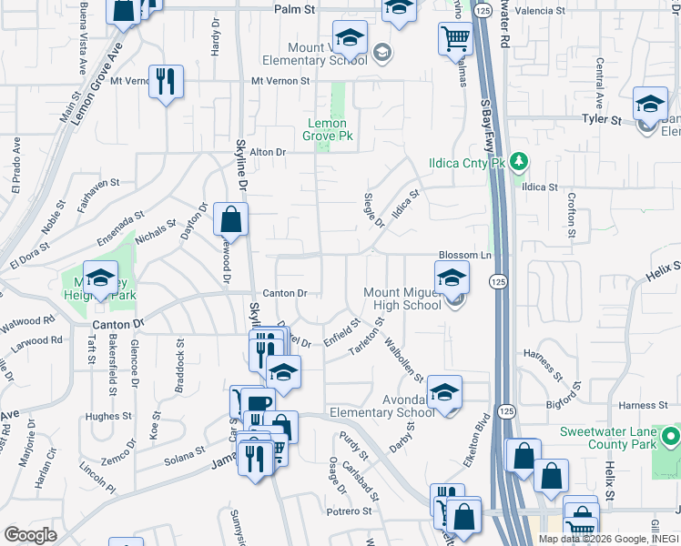 map of restaurants, bars, coffee shops, grocery stores, and more near 1650 Walbollen Street in Spring Valley