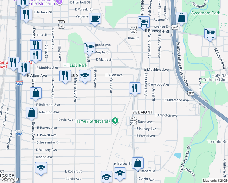 map of restaurants, bars, coffee shops, grocery stores, and more near 1417 East Richmond Avenue in Fort Worth