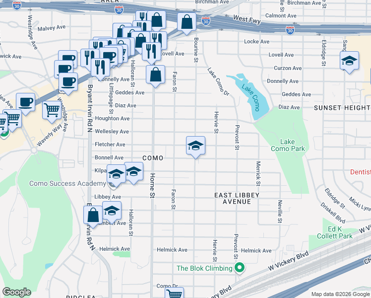 map of restaurants, bars, coffee shops, grocery stores, and more near 5522 Bonnell Avenue in Fort Worth