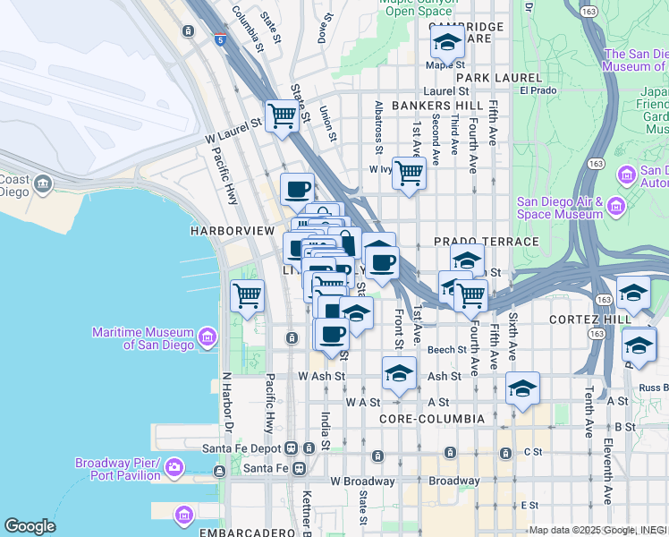 map of restaurants, bars, coffee shops, grocery stores, and more near in San Diego