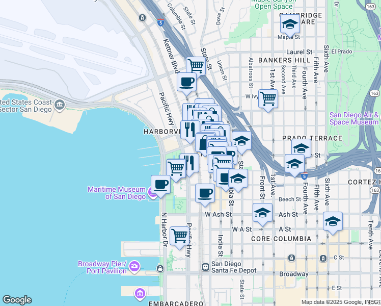 map of restaurants, bars, coffee shops, grocery stores, and more near 1905 Pacific Highway in San Diego