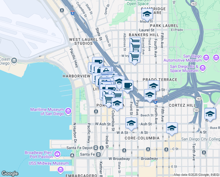 map of restaurants, bars, coffee shops, grocery stores, and more near 1830 Columbia Street in San Diego