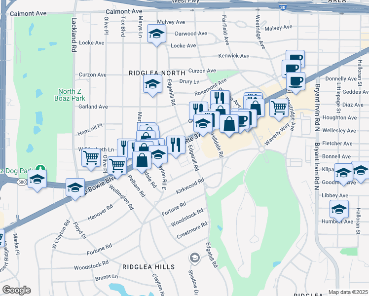 map of restaurants, bars, coffee shops, grocery stores, and more near 6457 Camp Bowie Boulevard in Fort Worth