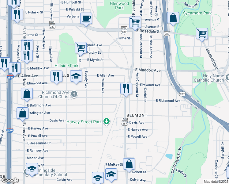map of restaurants, bars, coffee shops, grocery stores, and more near 1417 East Richmond Avenue in Fort Worth