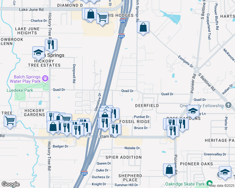 map of restaurants, bars, coffee shops, grocery stores, and more near 12504 Quail Drive in Balch Springs