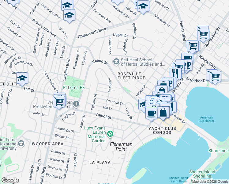 map of restaurants, bars, coffee shops, grocery stores, and more near 3344 Ullman Street in San Diego
