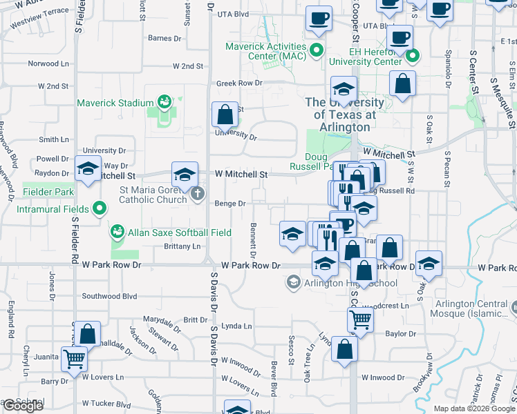map of restaurants, bars, coffee shops, grocery stores, and more near 1303 Bennett Drive in Arlington