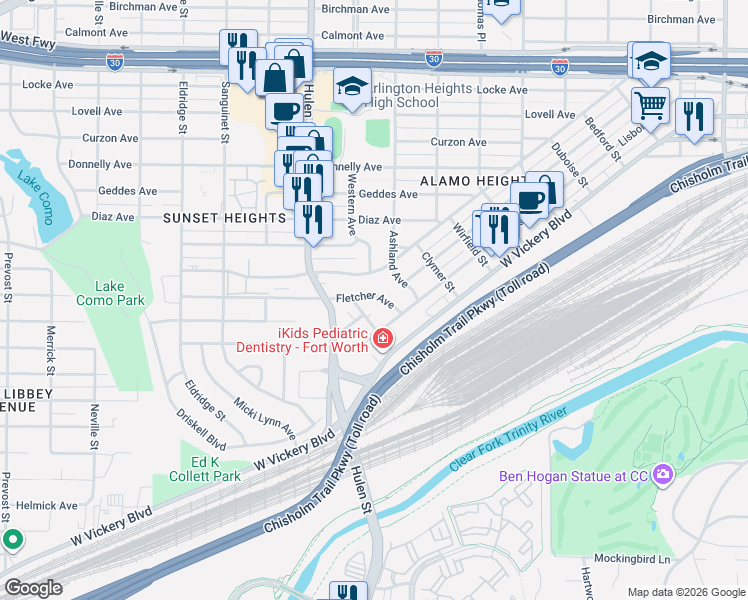 map of restaurants, bars, coffee shops, grocery stores, and more near 4409 Fletcher Avenue in Fort Worth