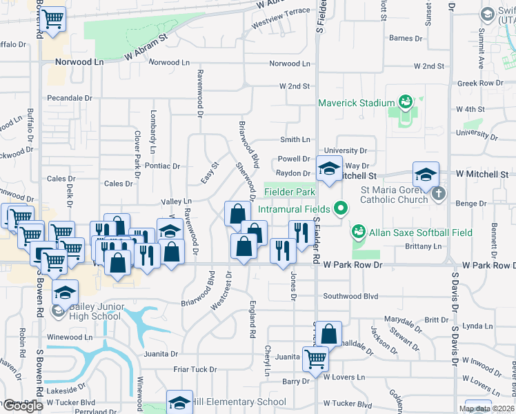 map of restaurants, bars, coffee shops, grocery stores, and more near 1105 Sherwood Drive in Arlington