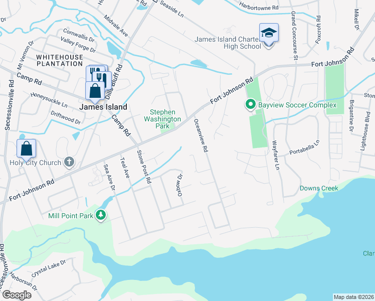 map of restaurants, bars, coffee shops, grocery stores, and more near 1195 Oceanview Rd in Charleston