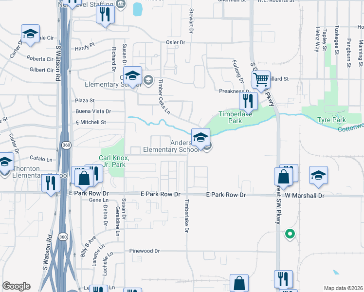 map of restaurants, bars, coffee shops, grocery stores, and more near 1211 Ruthella Drive in Arlington