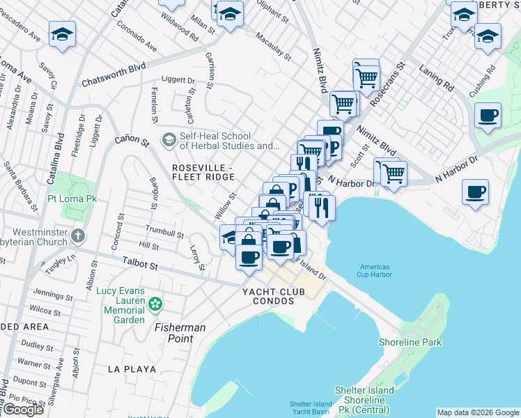 map of restaurants, bars, coffee shops, grocery stores, and more near 1270 Locust Street in San Diego